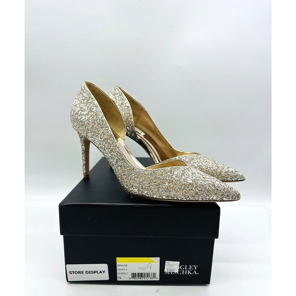 Badgley Mischka Daisy Pointed Toe Shoe Stiletto Heel Pewter Silver Glitter Pumps 63bfa129b3df3cada83be4d5